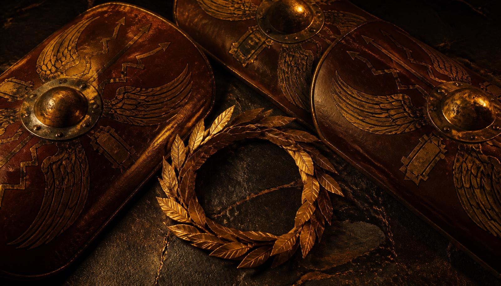 Roman shields and a gold laurel wreath on dark stone