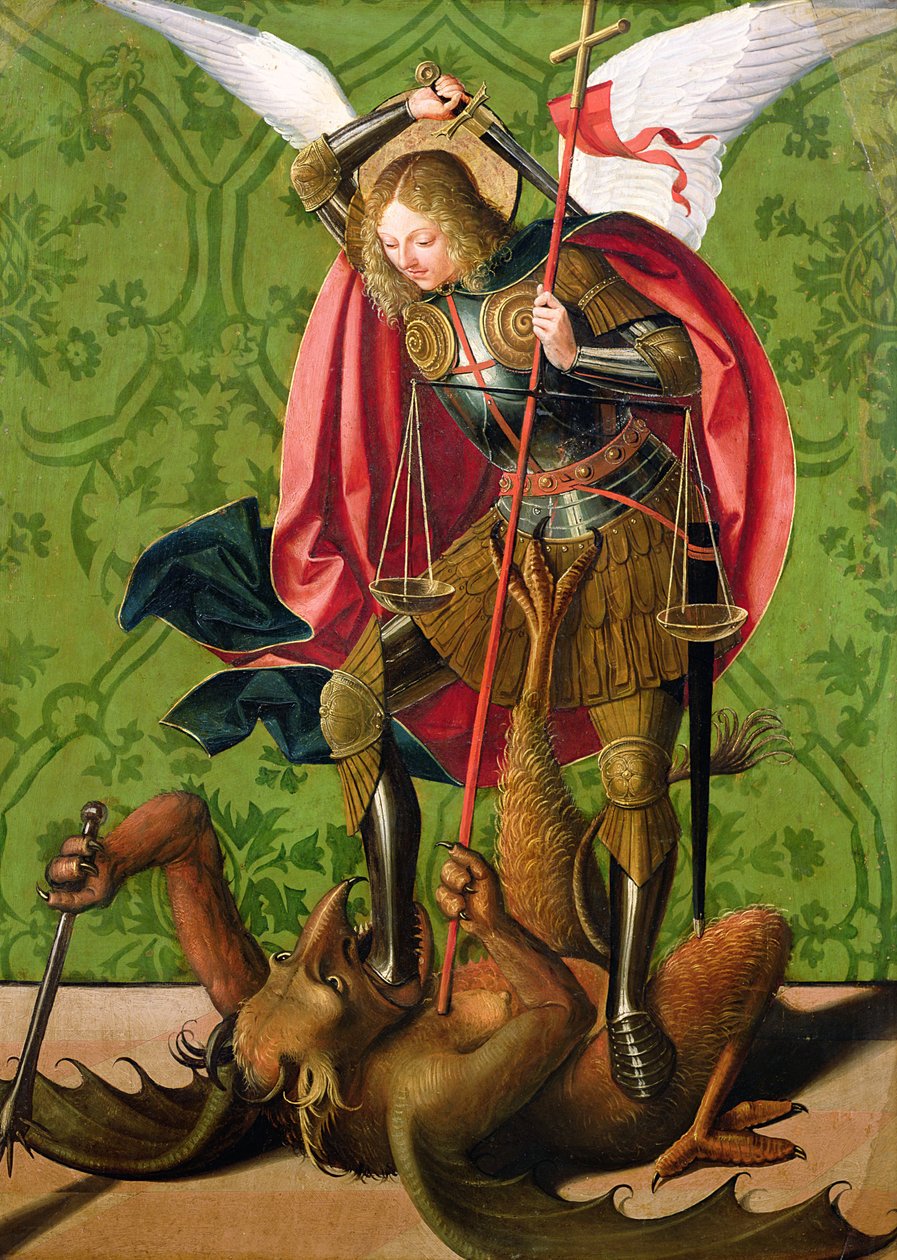 St. Michael killing the dragon, a Renaissance panel painting of armored resolve